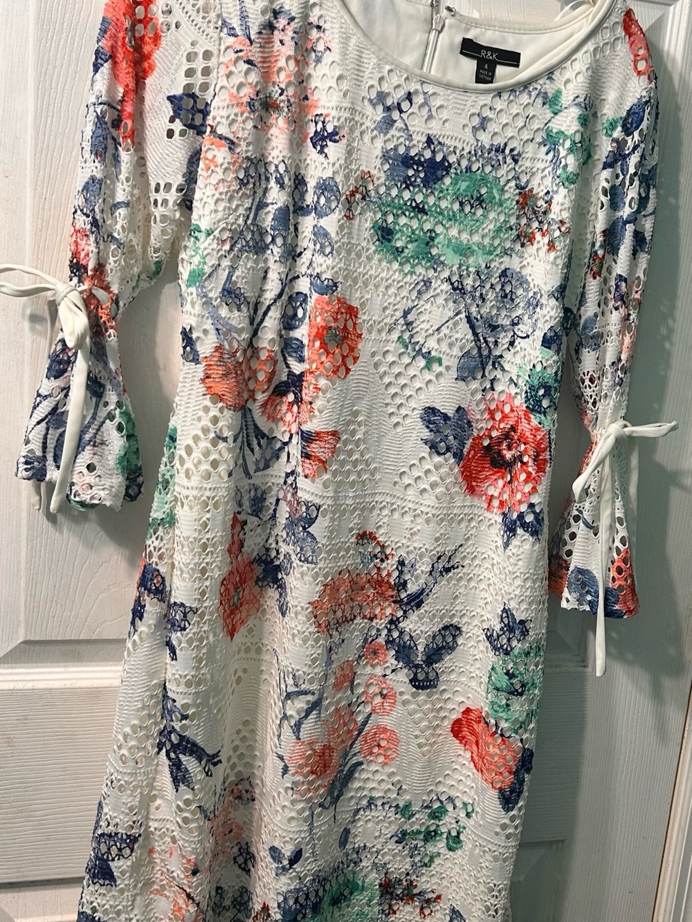 R&K White Crochet Lace Dress with Navy, Mint & Coral Accents